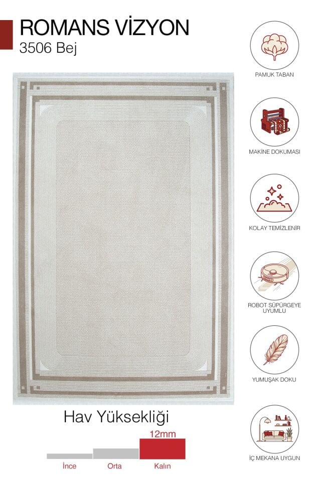 Romans Vizyon 3506 Bej Vizon Çerçeve Desenli Salon ve Oturma Odası Halısı