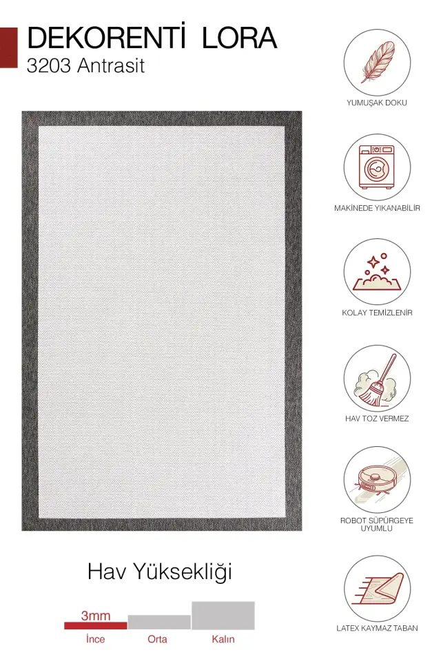 Dekorenti Lora 3203 Antrasit - Çerçeveli Modern Pamuk Tabanlı Polyester Halı