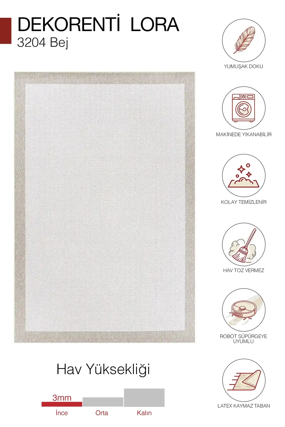 Dekorenti Lora 3204 Bej - Çerçeveli Modern Pamuk Tabanlı Polyester Halı