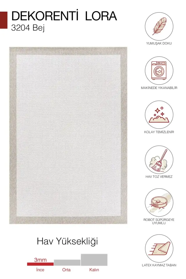 Dekorenti Lora 3204 Bej - Çerçeveli Modern Pamuk Tabanlı Polyester Halı