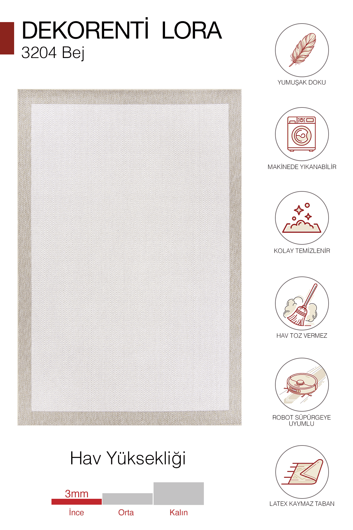 Lora 3204 Bej - Çerçeveli Modern Pamuk Tabanlı Polyester Halı