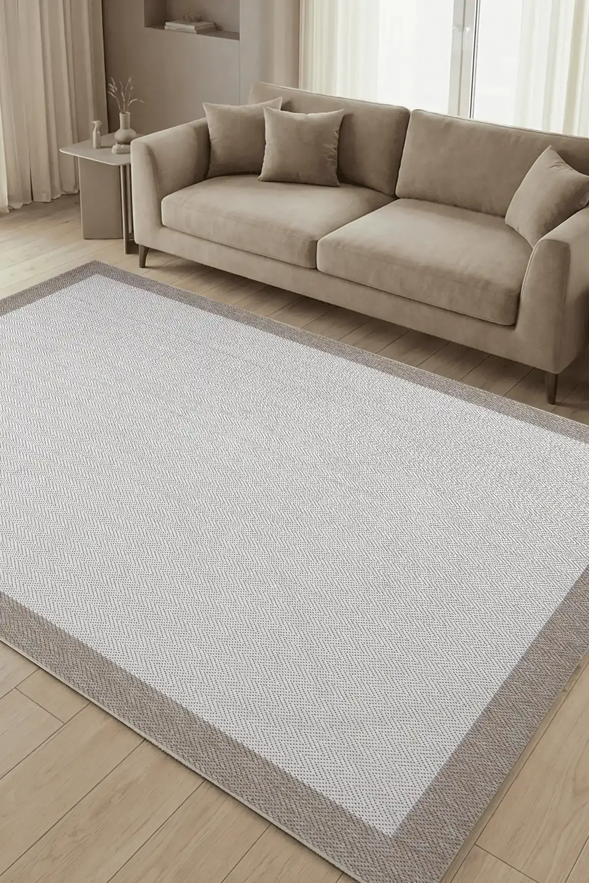 Dekorenti Lora 3204 Bej - Çerçeveli Modern Pamuk Tabanlı Polyester Halı