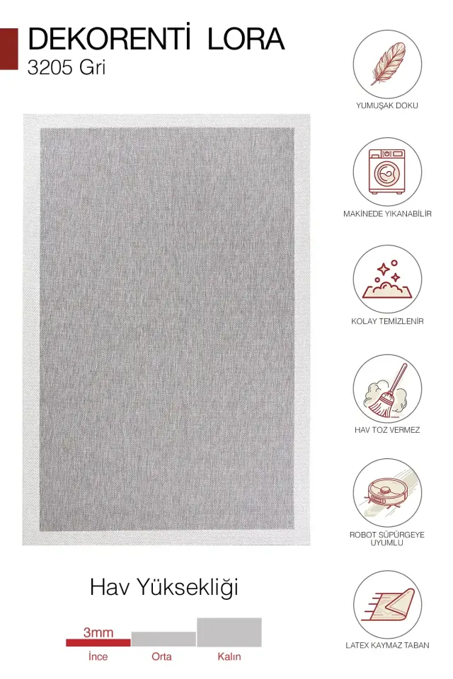 Dekorenti Lora 3205 Gri - Çerçeveli Modern Pamuk Tabanlı Polyester Halı