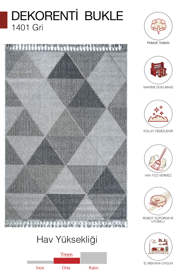 Bukle 1401 Gri - Geometrik Desenli Tozuma Halı 120x250
