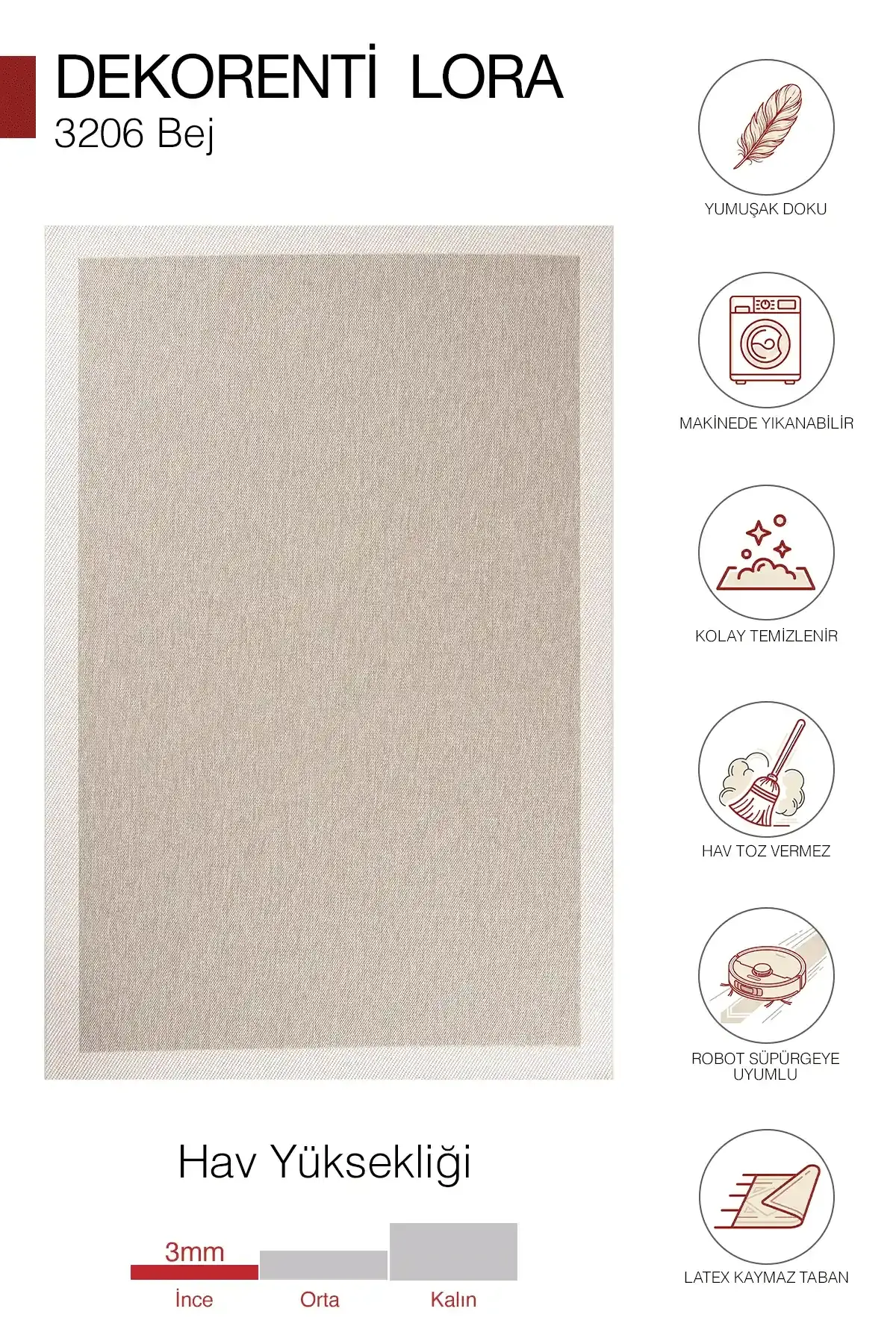 Dekorenti Lora 3206 Bej - Çerçeveli Modern Pamuk Tabanlı Polyester Halı