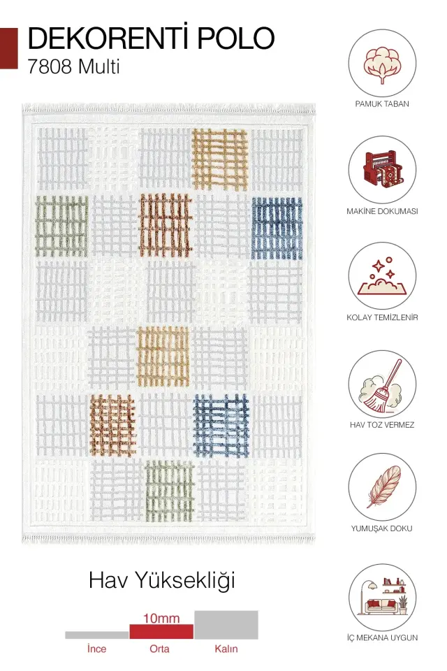Dekorenti Polo 7808 Multi - Modern Dokulu Kare Desenli Halı
