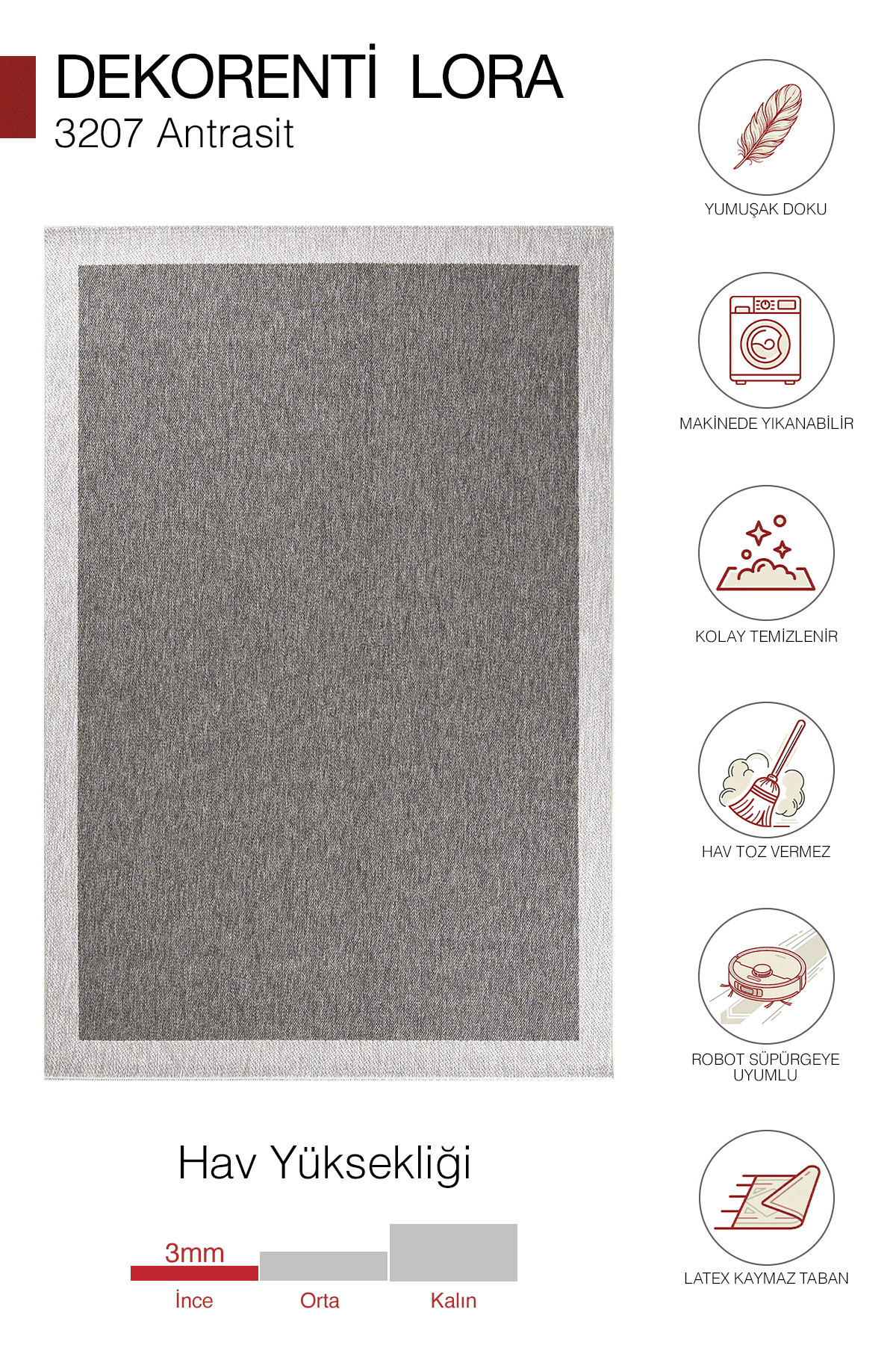 Lora 3207 Antrasit  - Çerçeveli Modern Pamuk Tabanlı Polyester Halı