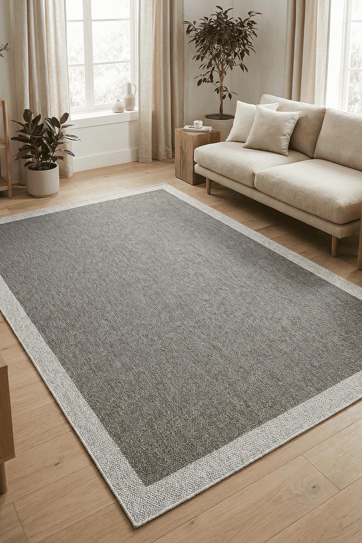 Lora 3207 Antrasit  - Çerçeveli Modern Pamuk Tabanlı Polyester Halı