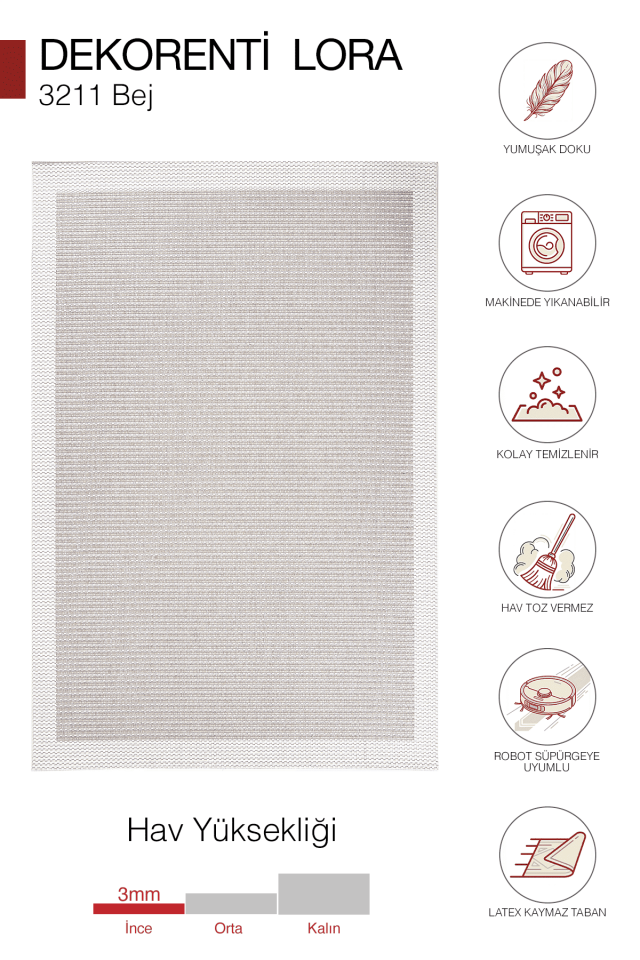 Dekorenti Lora 3211 Bej - Çerçeveli Modern Pamuk Tabanlı Polyester Halı