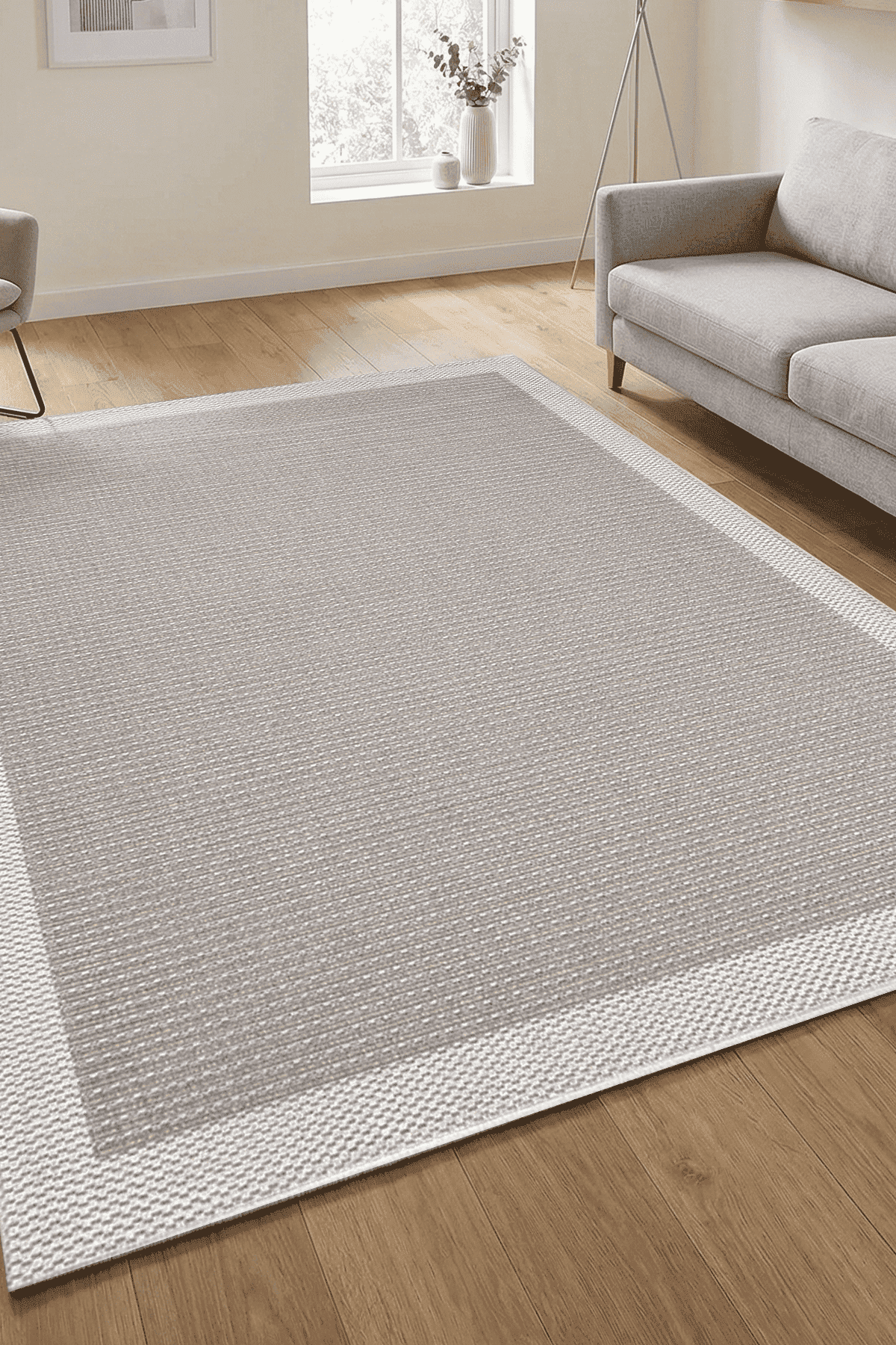 Lora 3211 Bej - Çerçeveli Modern Pamuk Tabanlı Polyester Halı 080x150