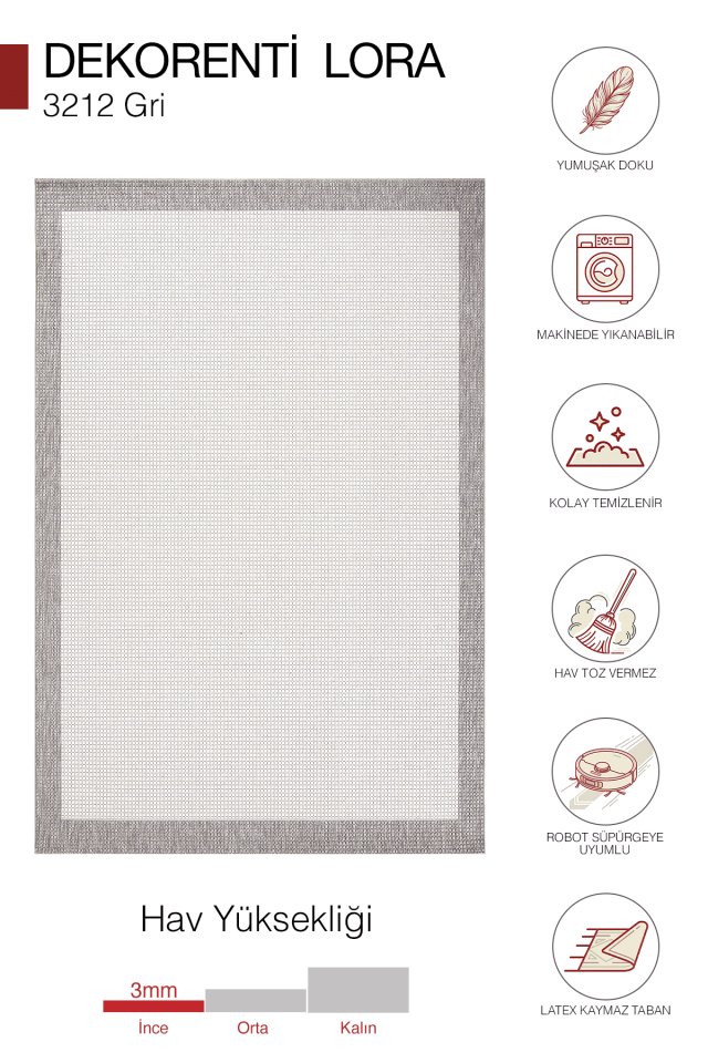 Lora 3212 Gri - Çerçeveli Modern Pamuk Tabanlı Polyester Halı 200x290