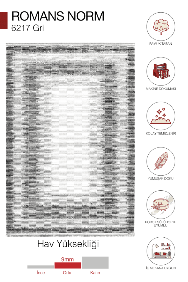 Romans Norm 6217 Gri - Pamuk Tabanlı Akrilik Çerçeveli Halı