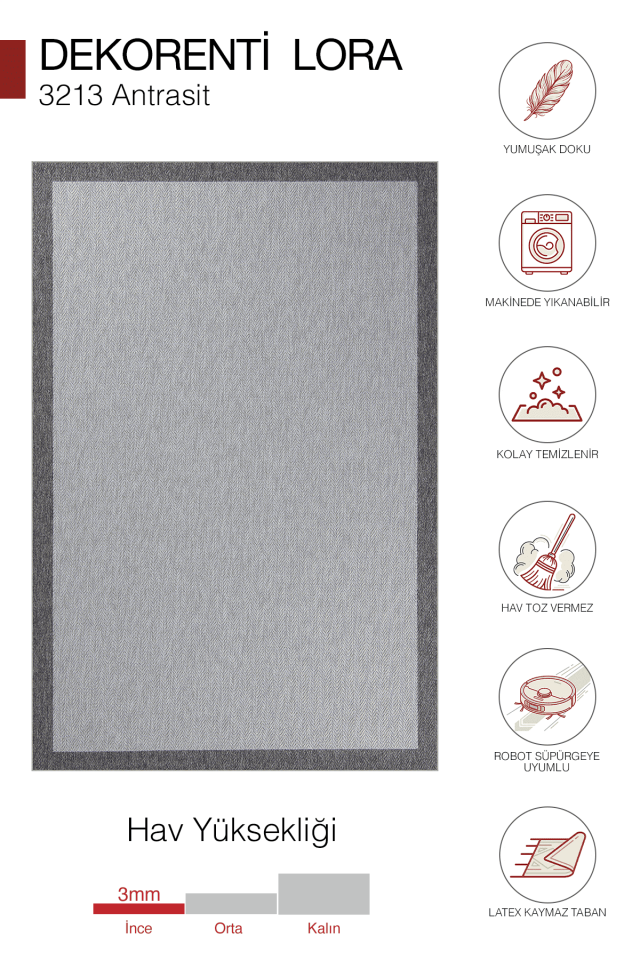 Dekorenti Lora 3213 Antrasit  - Çerçeveli Modern Pamuk Tabanlı Polyester Halı