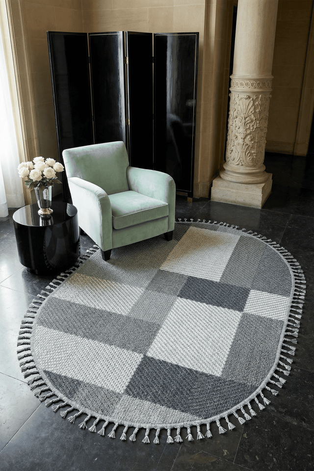 Dekorenti Bukle 1403 Gri Oval - Modern Geometrik Desenli Tozumaz Halı
