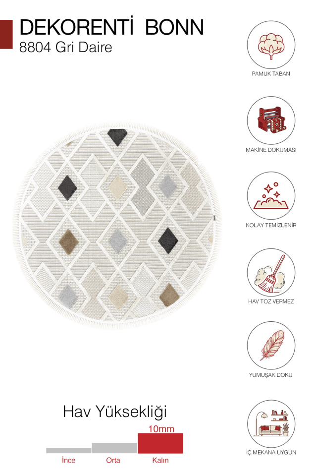 Dekorenti Bonn 8804 Gri Daire Halı – Modern Geometrik Desenli Tozumaz Halı