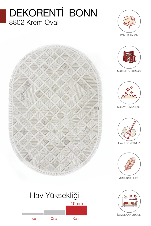 Dekorenti Bonn 8802 Krem Oval Halı – Modern Geometrik Desenli Tozumaz Halı