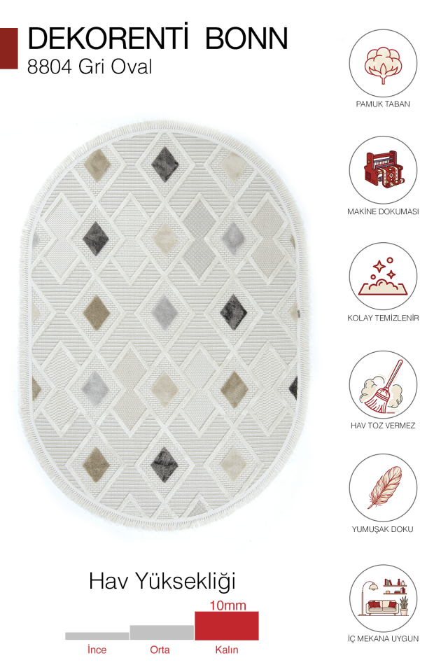 Dekorenti Bonn 8804 Gri Oval Halı – Modern Geometrik Desenli Tozumaz Halı