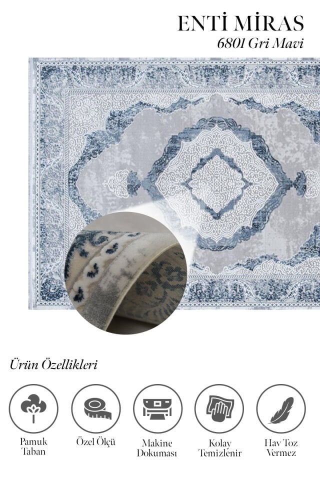 Enti Miras 6801 Gri Mavi –  Klasik Göbekli Akrilik Salon Halısı