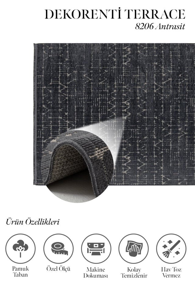 Dekorenti Terrace 8206 Antrasit Kaymaz Taban Modern Çizgili Halı