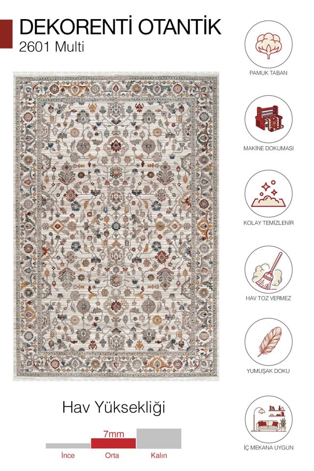 Dekorenti Otantik 2601 Renkli Halı Klasik Desenli Polyester Halı