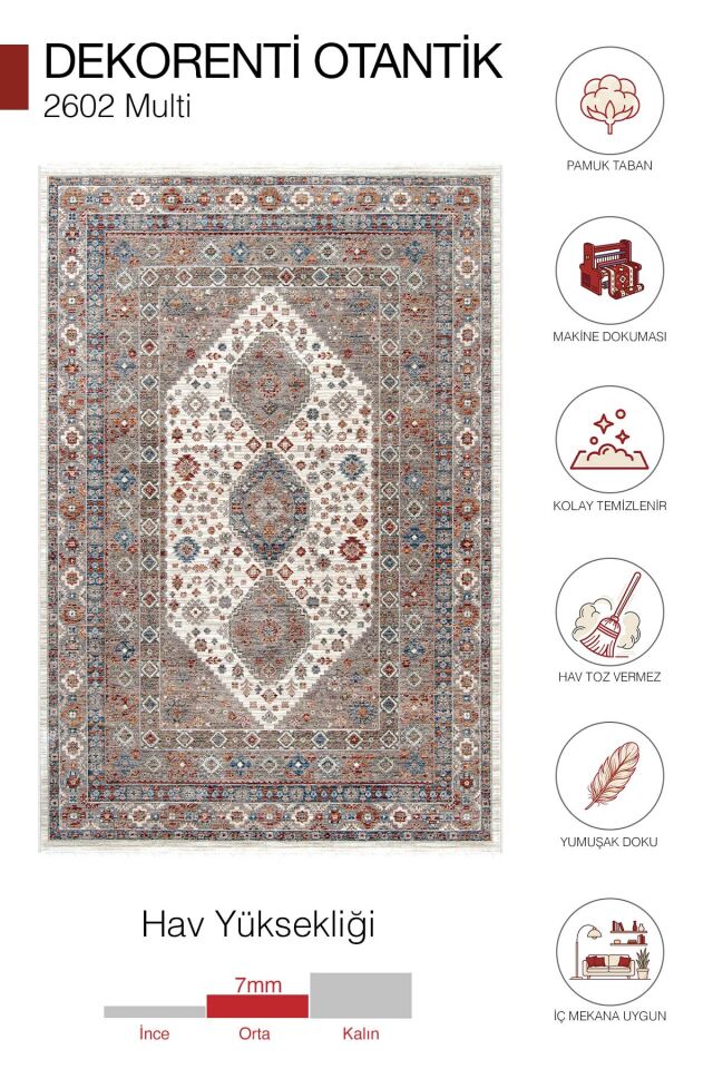 Dekorenti Otantik 2602 Renkli Halı Madalyon Desenli Vintage Halı