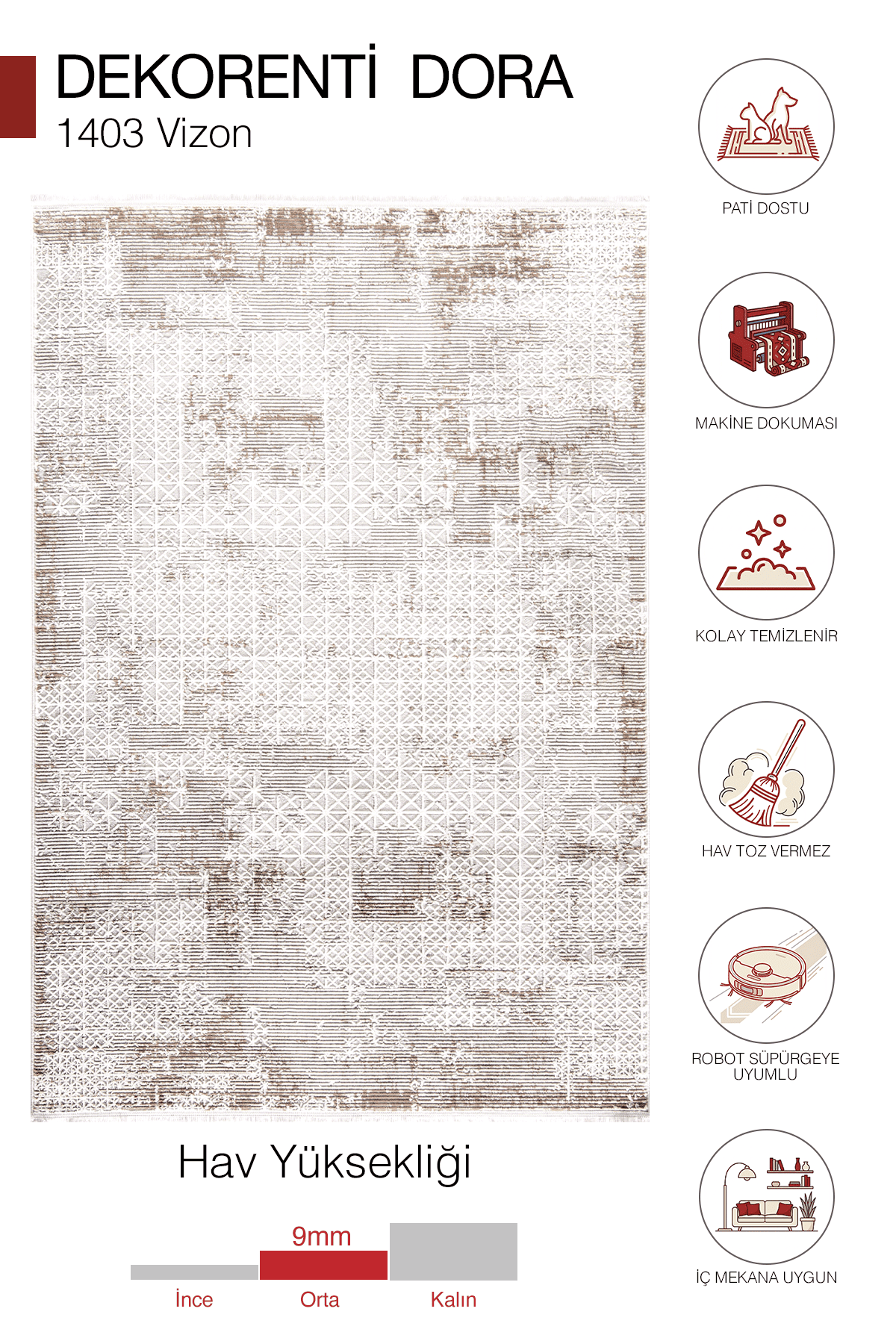 Dekorenti Dora 1903 Vizon - Modern Polip Jüt Taban Makine Halısı