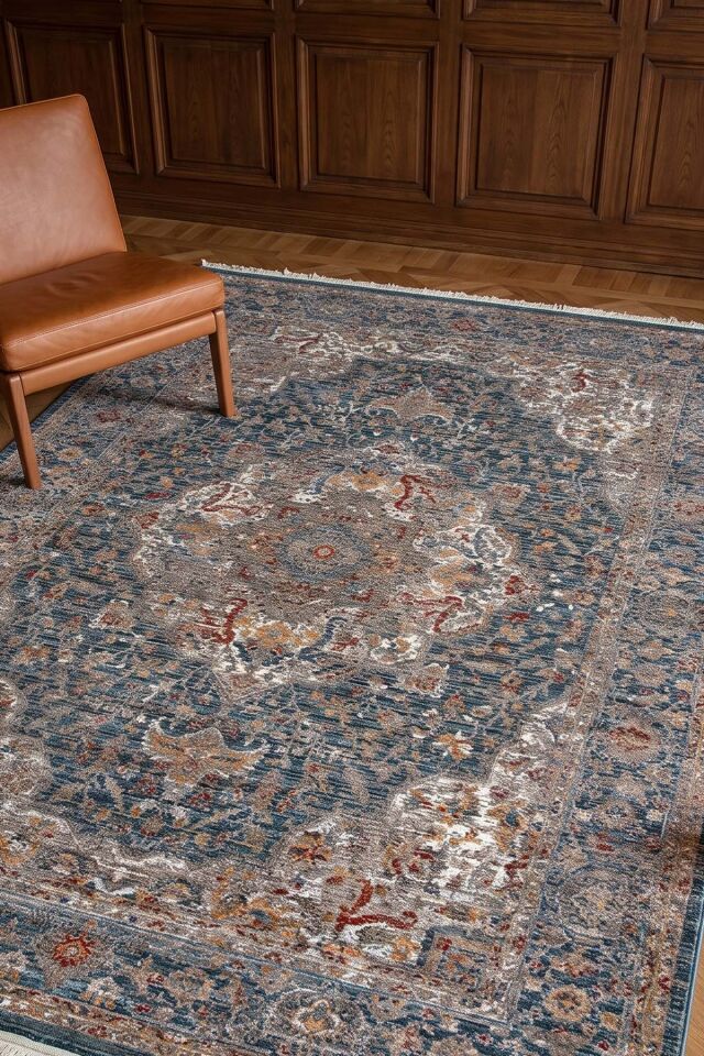 Dekorenti Otantik 2604 Mavi Halı Eskitme Madalyon Desenli Halı