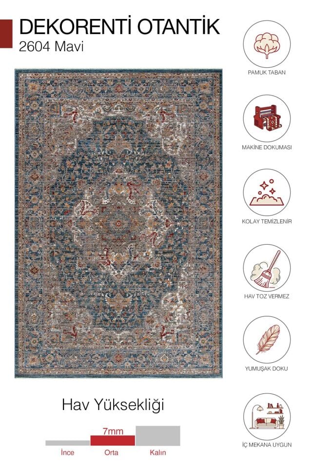 Dekorenti Otantik 2604 Mavi Halı Eskitme Madalyon Desenli Halı