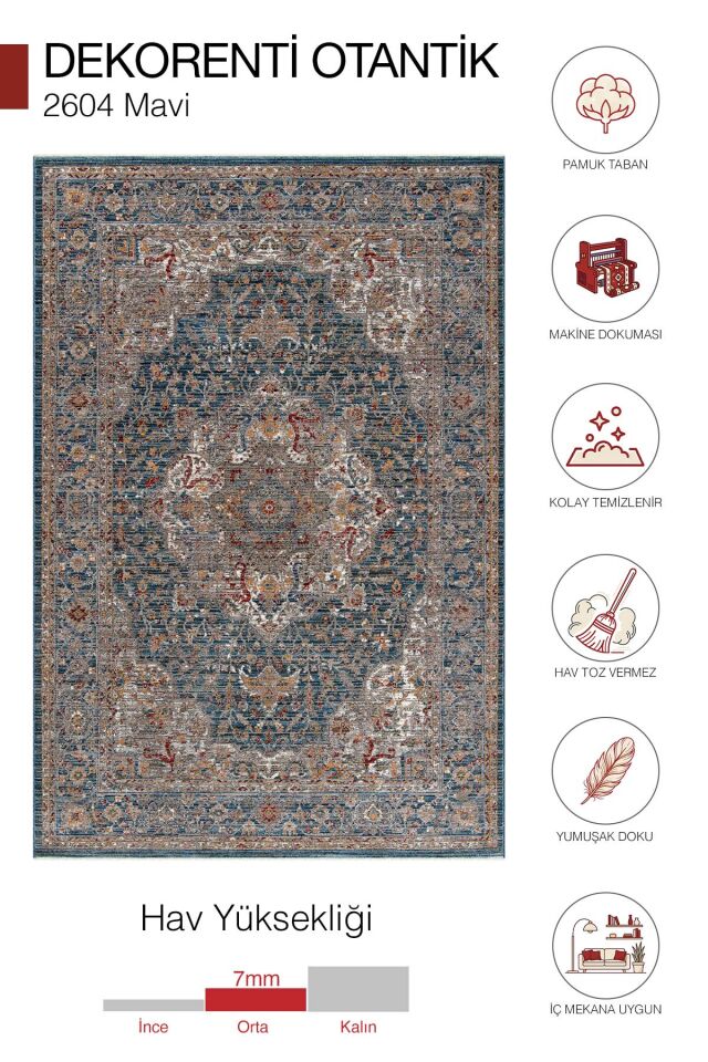 Dekorenti Otantik 2604 Mavi Halı Eskitme Madalyon Desenli Halı