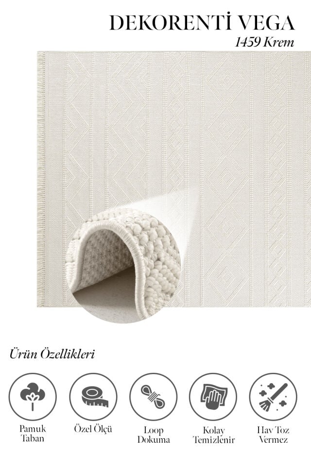 Dekorenti Vega 1459 Krem - Bohem Stil Örgü Saçaklı İskandinav Halı