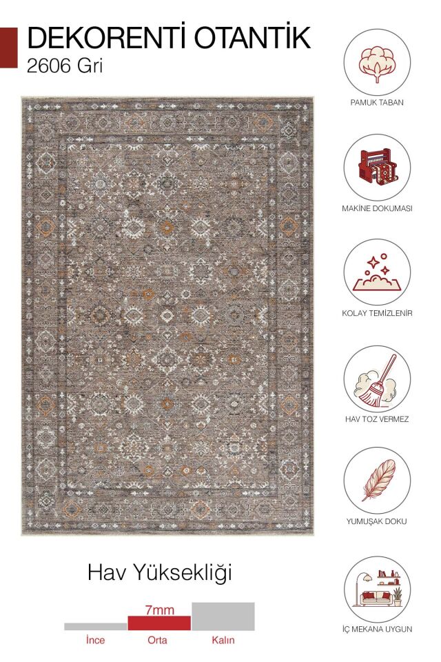 Dekorenti Otantik 2606 Gri Halı Etnik Desenli Vintage Halı
