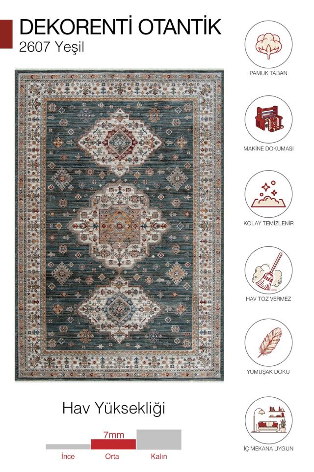Dekorenti Otantik 2607 Yeşil Halı Madalyonlu Etnik Yeşil Halı