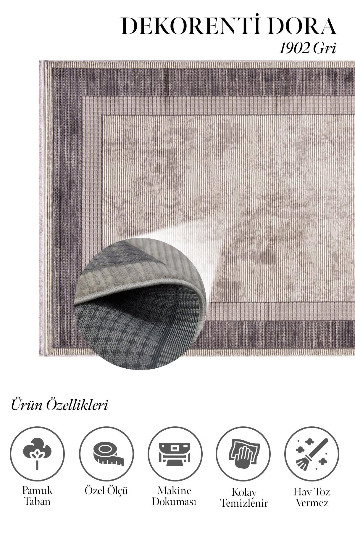 Dora 1902 Gri - Modern Polip Jüt Taban Makine Halısı 160x230