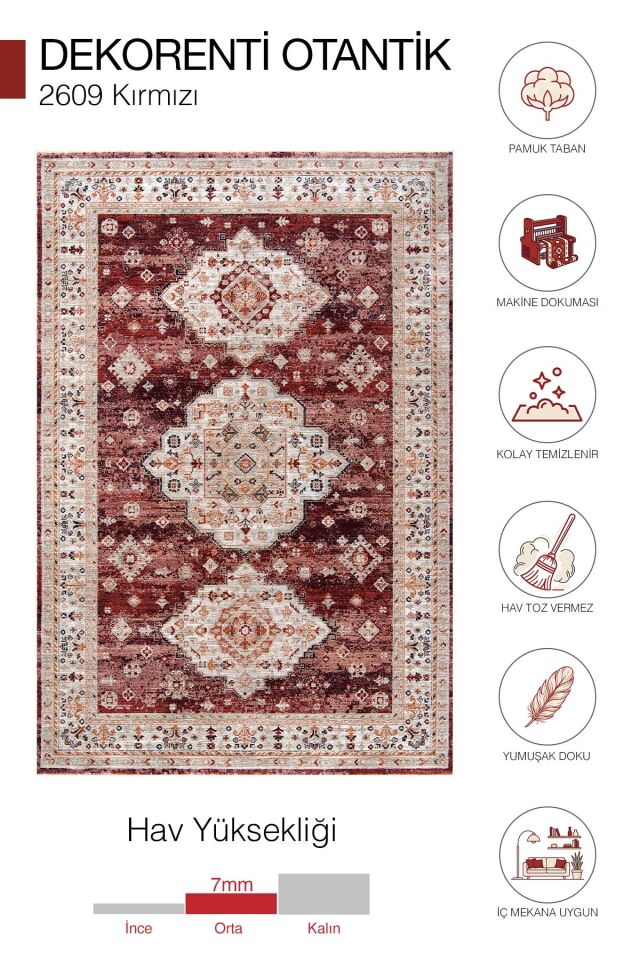 Dekorenti Otantik 2609 Kırmızı Halı Madalyon Desenli Vintage Halı