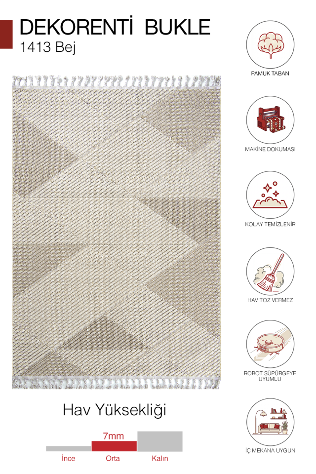 Dekorenti Bukle 1413 Bej – Geometrik Çizgili Bukle Halı