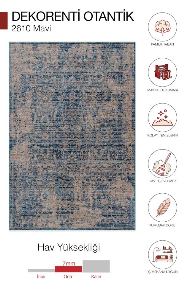 Dekorenti Otantik 2610 Mavi Halı Eskitme Görünümlü Vintage Halı