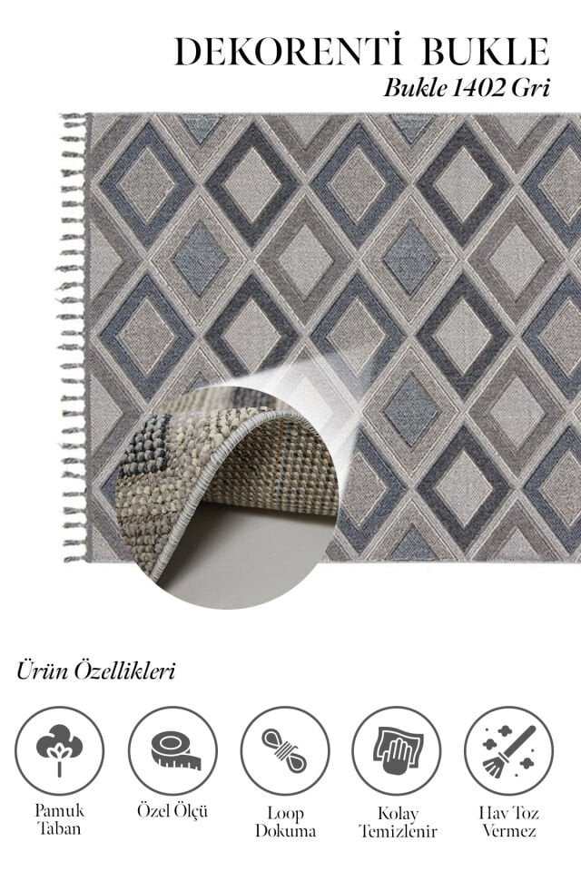 Dekorenti Bukle 1402 Gri - Geometrik Desenli Tozumaz Halı