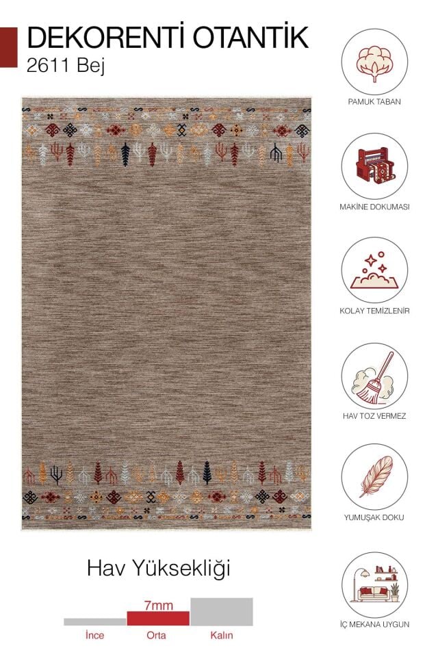 Dekorenti Otantik 2611 Bej Vizon Halı Vintage Etnik Desenli Vizon Halı