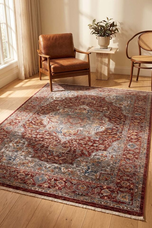 Dekorenti Otantik 2603 Kırmızı Halı Eskitme Madalyon Desenli Halı