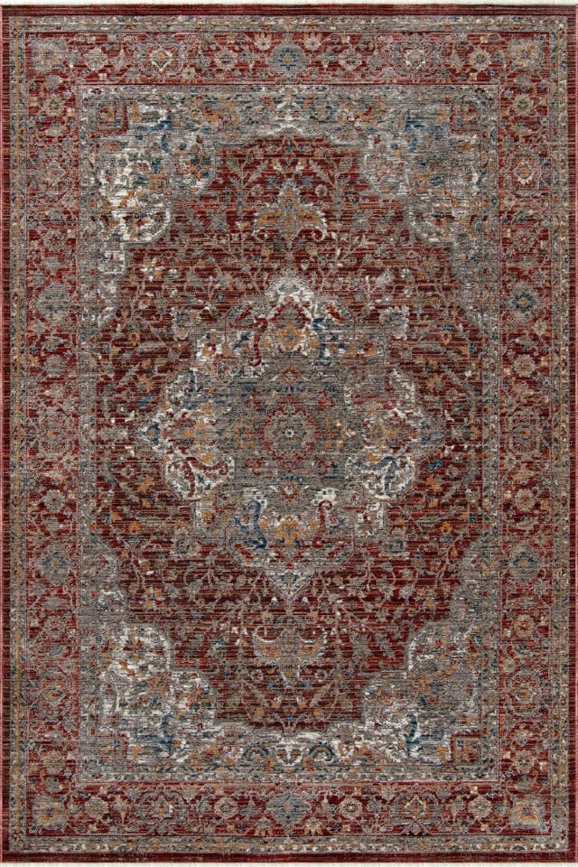 Dekorenti Otantik 2603 Kırmızı Halı Eskitme Madalyon Desenli Halı
