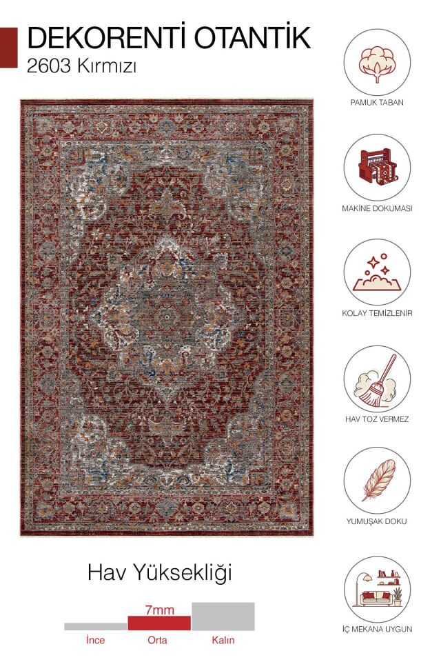 Dekorenti Otantik 2603 Kırmızı Halı Eskitme Madalyon Desenli Halı