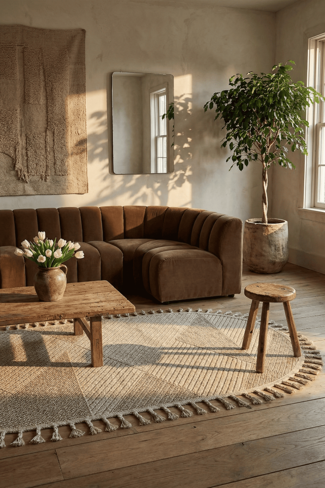 Dekorenti Bukle 1413 Bej Oval – Geometrik Çizgili Bukle Halı