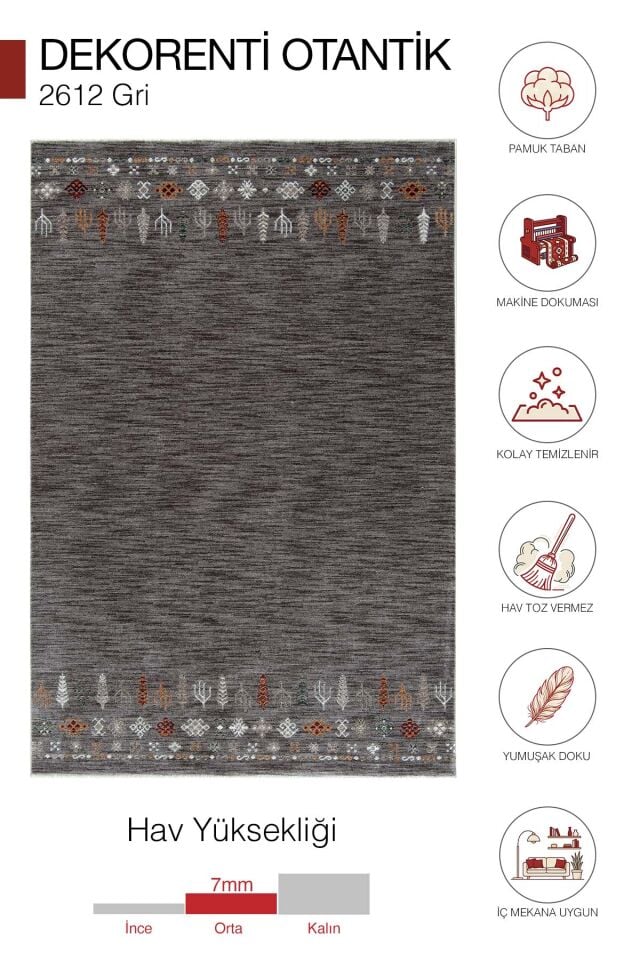 Dekorenti Otantik 2612 Gri Halı Vintage Etnik Desenli Gri Halı