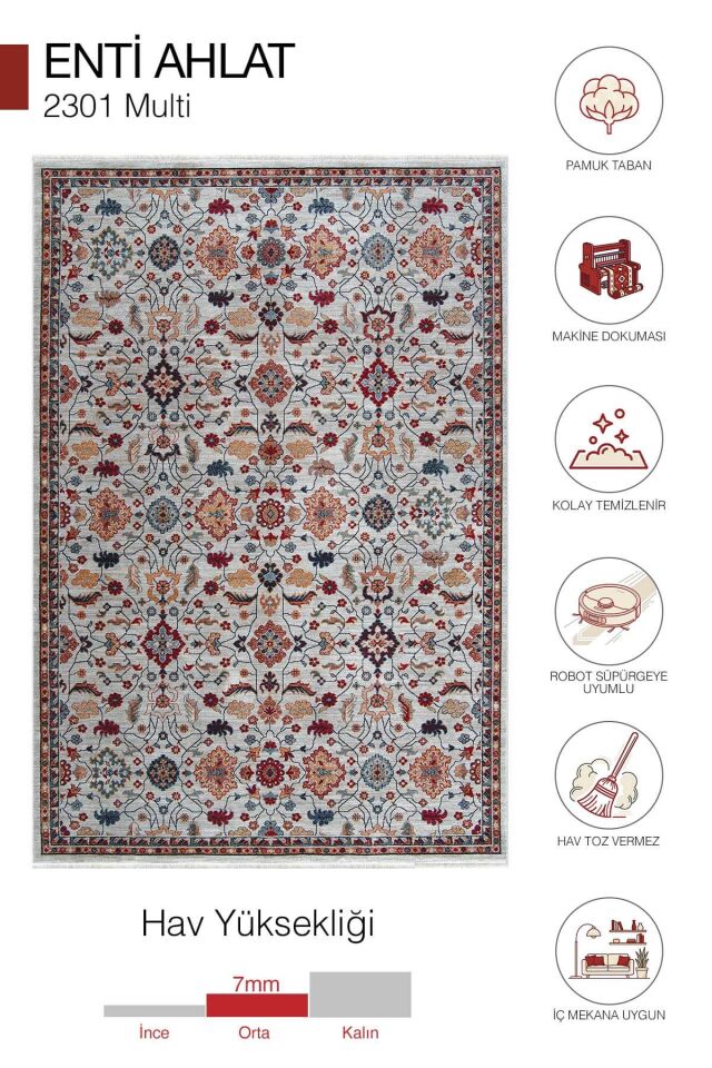 Ahlat 2301 Multi - Motifli Eskitme Klasik Pamuk Taban Makine Halısı