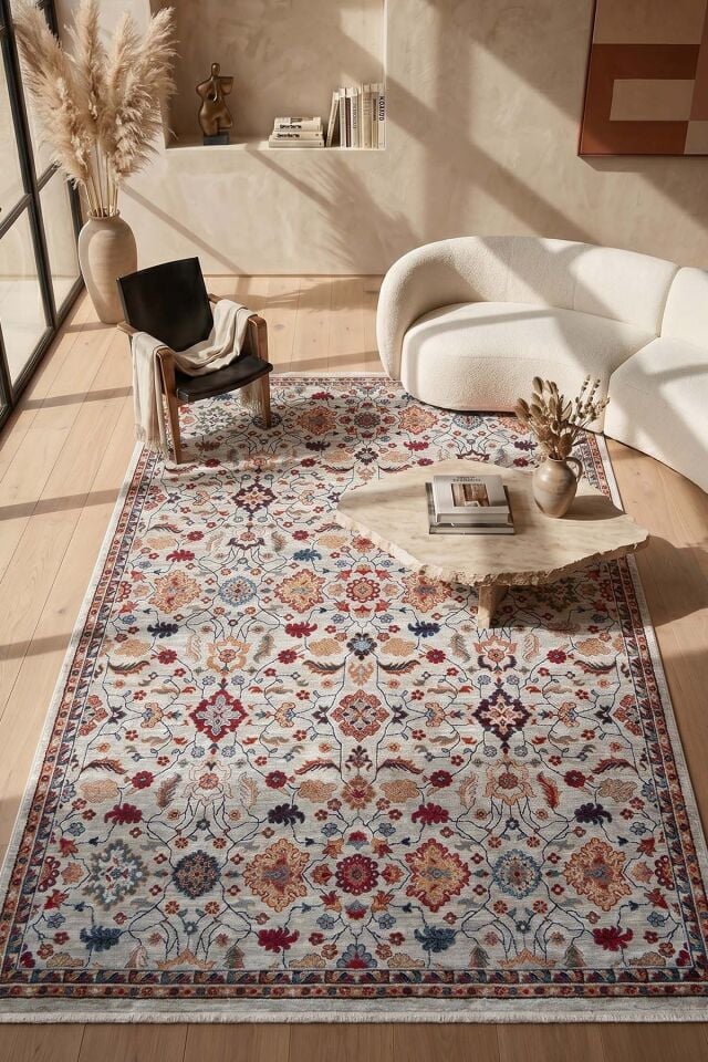 Ahlat 2301 Multi - Motifli Eskitme Klasik Pamuk Taban Makine Halısı