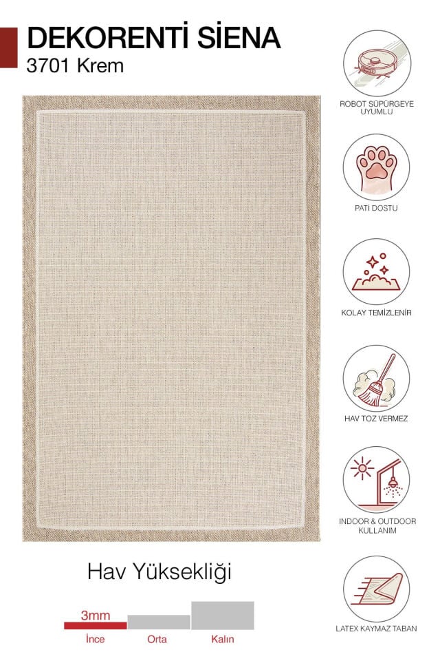 Dekorenti Siena 3701 Krem Sisal Halı – Çerçeveli Mutfak Halısı