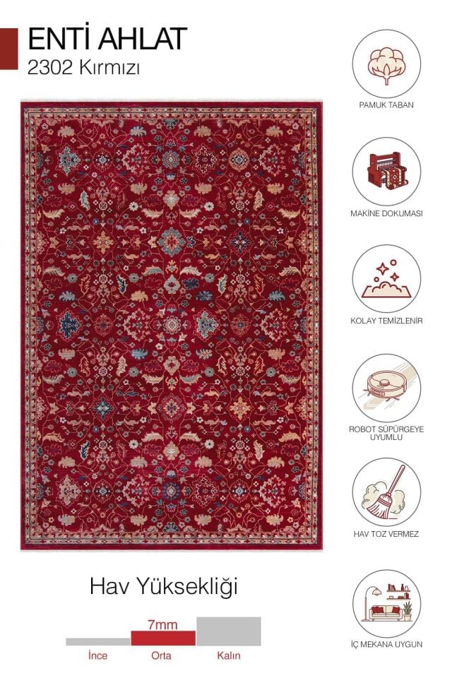 Ahlat 2302 Kırmızı Motifli Vintage Pamuk Taban Makine Halısı