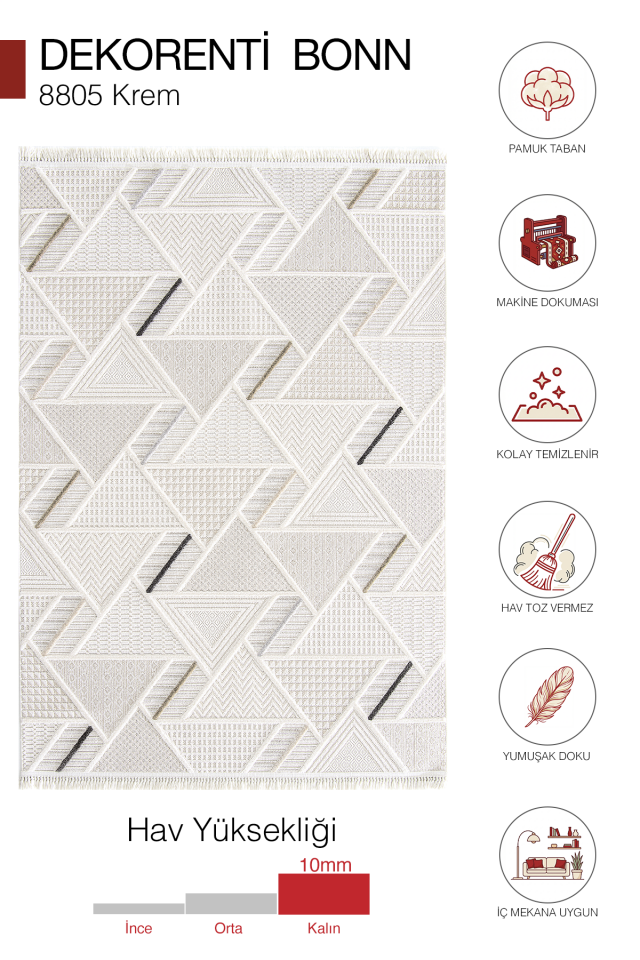 Bonn 8805 Krem Halı – Modern Geometrik Desenli Tozumaz Halı 200x290