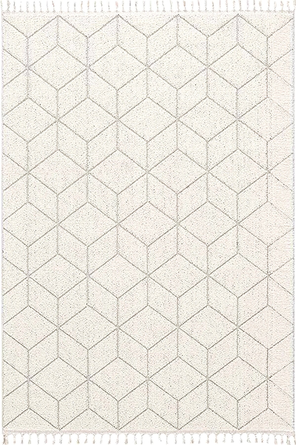 Dekorenti Bukle 1407 Beyaz - Üç Boyutlu Geometrik Desenli Tozumaz Halı