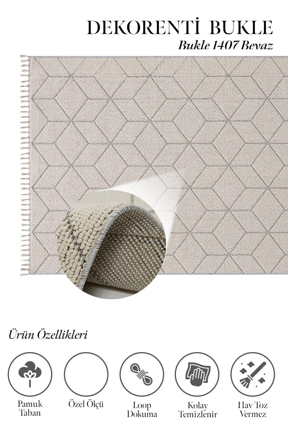 Dekorenti Bukle 1407 Beyaz - Üç Boyutlu Geometrik Desenli Tozumaz Halı